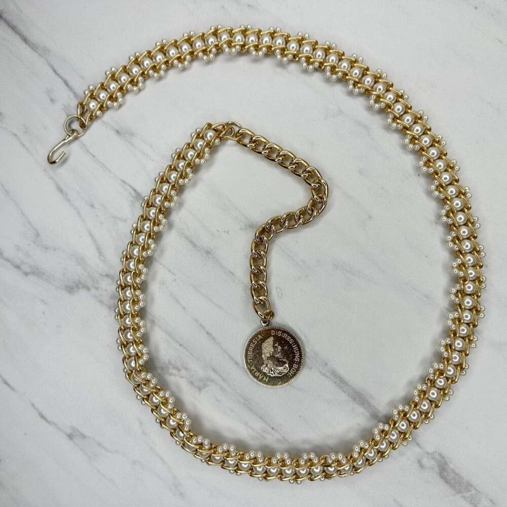 Gold Tone Faux Pearl Chain Belt Coin Charm Hook Clasp Medium/Large (M/L) ✨